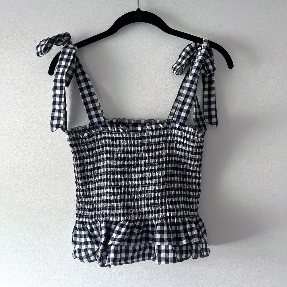 SHEIN Gingham Peplum Tank Top Navy and White
